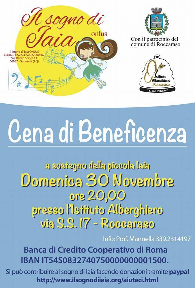 Roccaraso, cena di beneficenza dedicata a Iaia con le specialità dell'Alberghiero