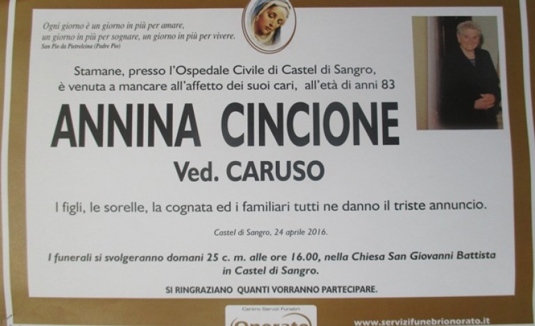 Lutto a Castel di Sangro: il Sindaco Angelo Caruso piange la mamma Annina