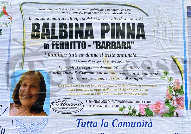 Castel di Sangro: Ultimo saluto a Balbina “Barbara” Pinna, amata dalla comunità