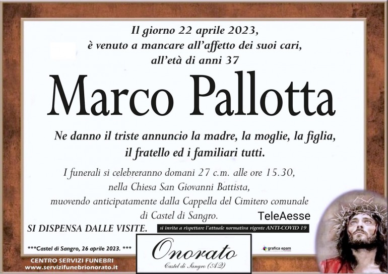 Funerale di Marco Pallotta, sarà celebrato il 27 aprile a Castel di Sangro