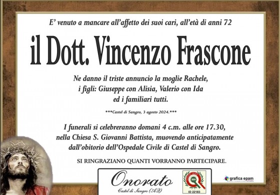 Addio Vincenzo Frascone, Castel di Sangro Piange il Suo Dottore